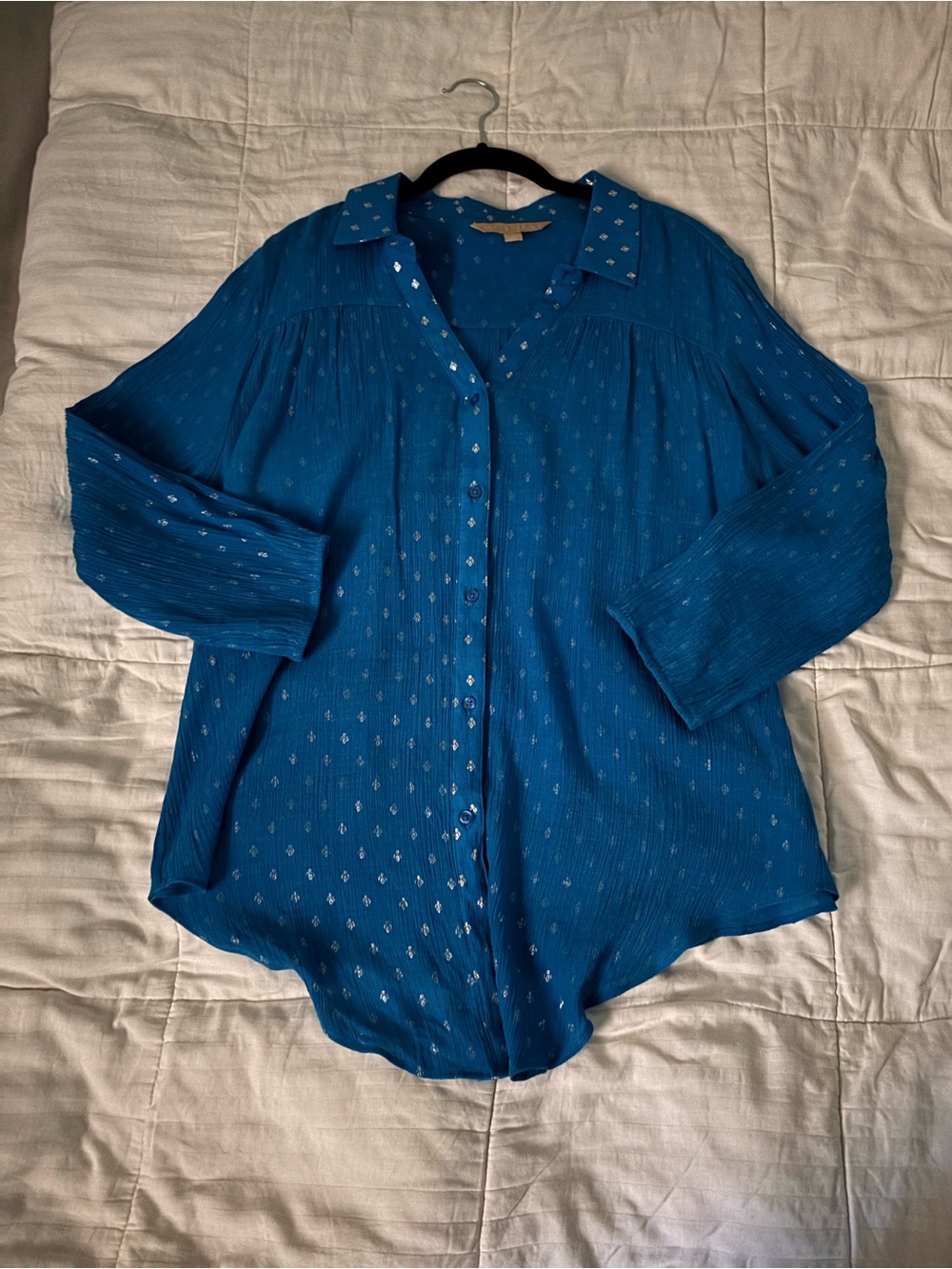 Blue Metallic Dot Button-Front Women's Shirt - Relaxed Fit